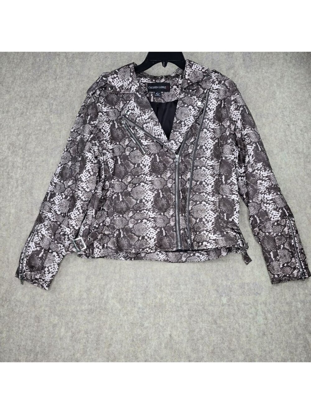 Colleen Lopez Snake Print Faux Leather Moto Jacket With Zipper Accents